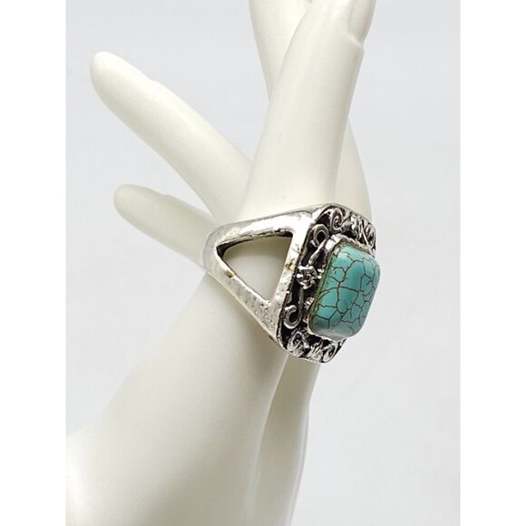 Silver Plated Blue Square Howlite Faux Tourquoise Ring Size 7 Vintage - Picture 2 of 5